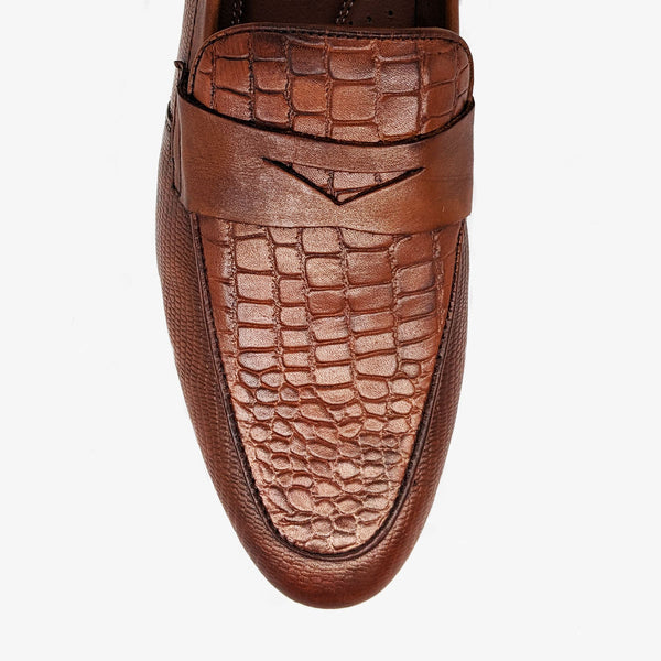 HX London Men's Textured Penny Loafer Shoe in Tan Leather